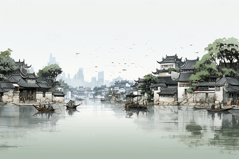 水墨江南晕染水乡插画