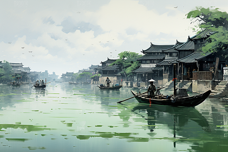 水墨江南手绘小桥流水插画