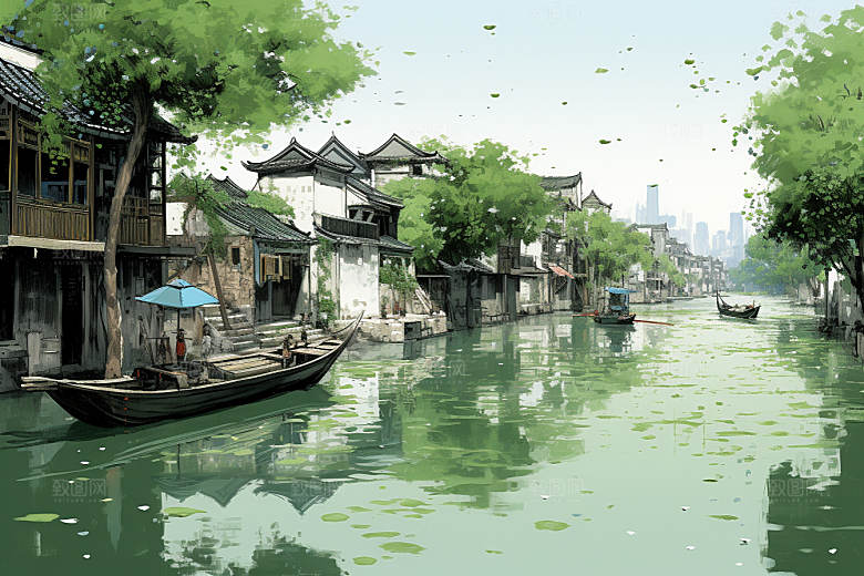 水墨江南中式粉墙黛瓦插画