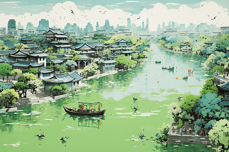 水墨江南晕染粉墙黛瓦插画