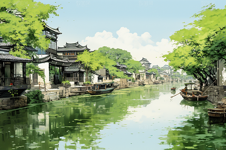 水墨江南中国风水彩插画