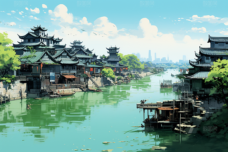 水墨江南水乡水彩插画