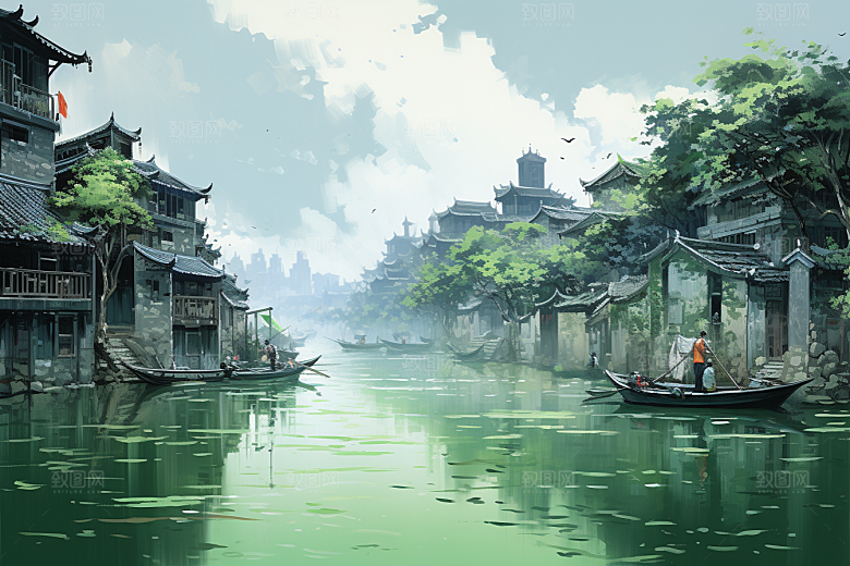 水墨江南中国风粉墙黛瓦插画
