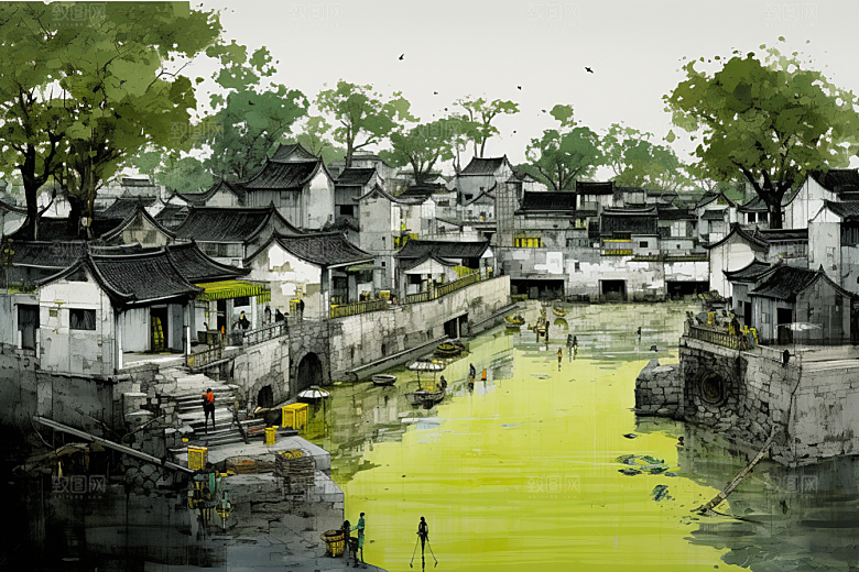水墨江南中国风小桥流水插画