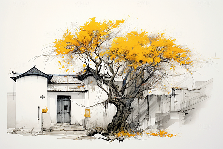 水墨江南小镇粉墙黛瓦插画
