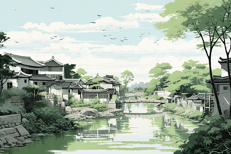 水墨江南粉墙黛瓦小桥流水插画