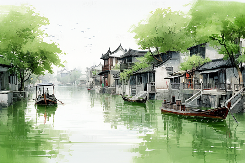水墨江南中国风晕染插画