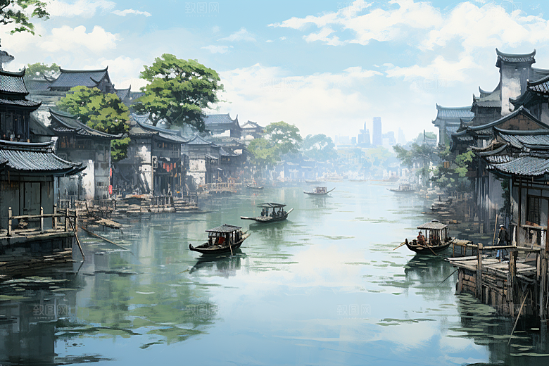 水墨江南水彩粉墙黛瓦插画