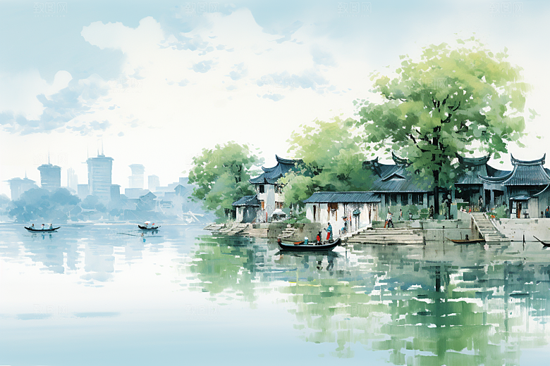 水墨江南中国风水彩插画