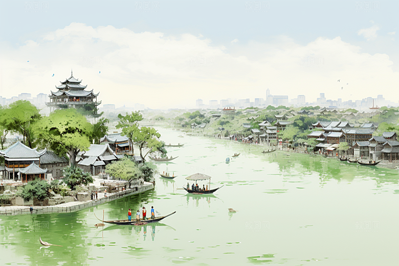 水墨江南水乡小镇插画