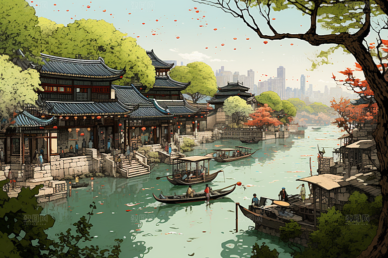 水墨江南小桥流水小镇插画