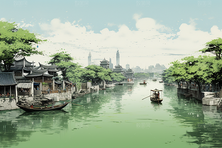 水墨江南粉墙黛瓦水乡插画