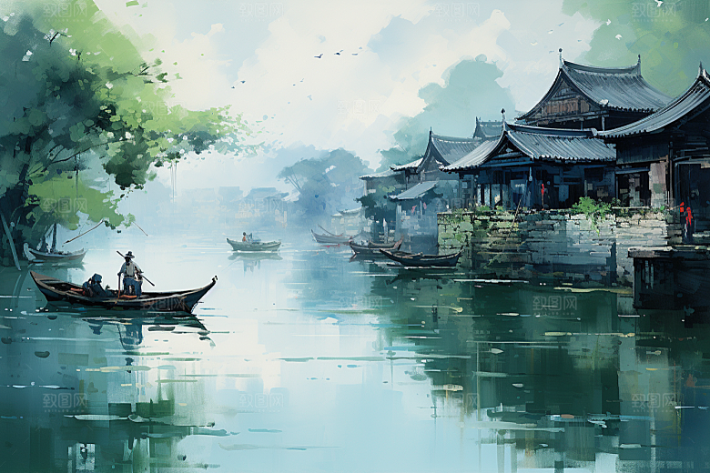 水墨江南手绘小桥流水插画