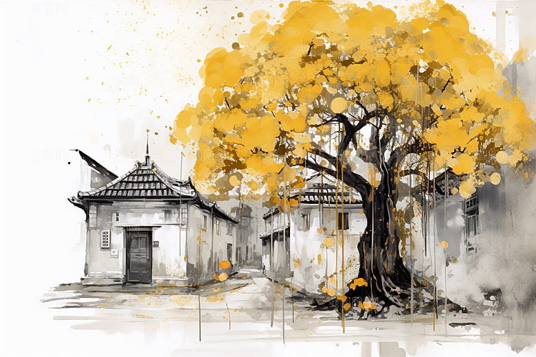 水墨江南粉墙黛瓦手绘插画