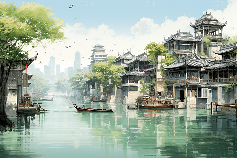 水墨江南小镇粉墙黛瓦插画
