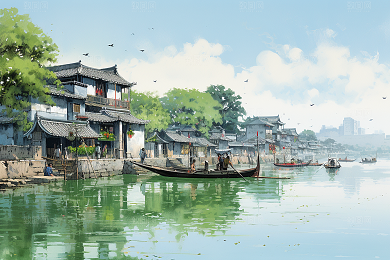 水墨江南中国风晕染插画