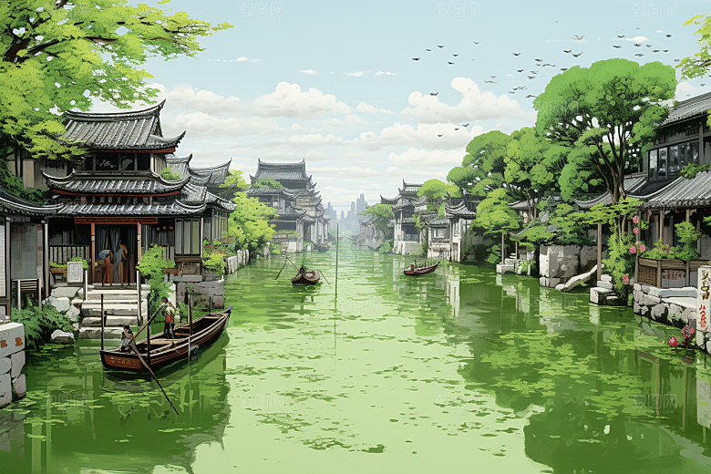 水墨江南小镇水乡插画