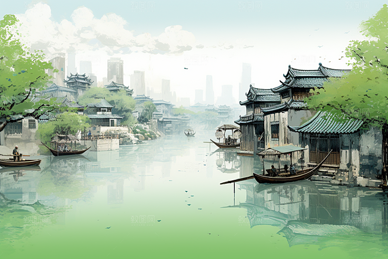 水墨江南中国风小桥流水插画