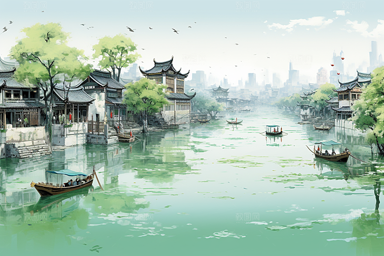 水墨江南水彩粉墙黛瓦插画