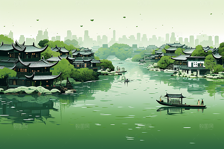 水墨江南中国风小桥流水插画