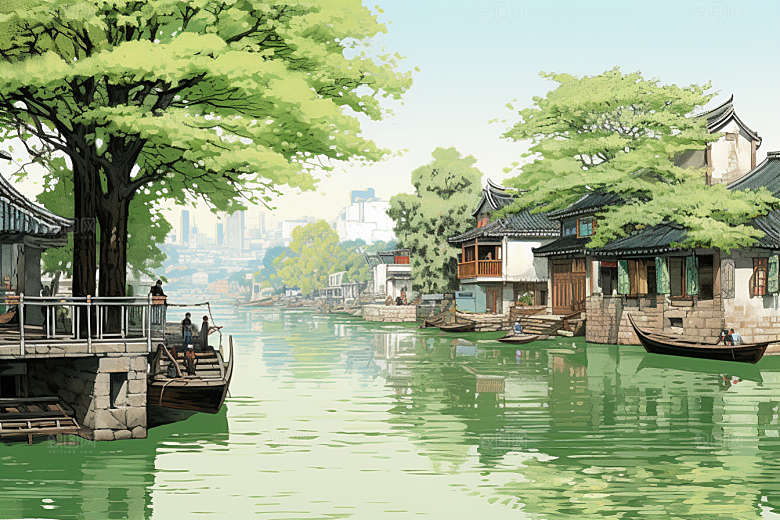 水墨江南小桥流水中国风插画