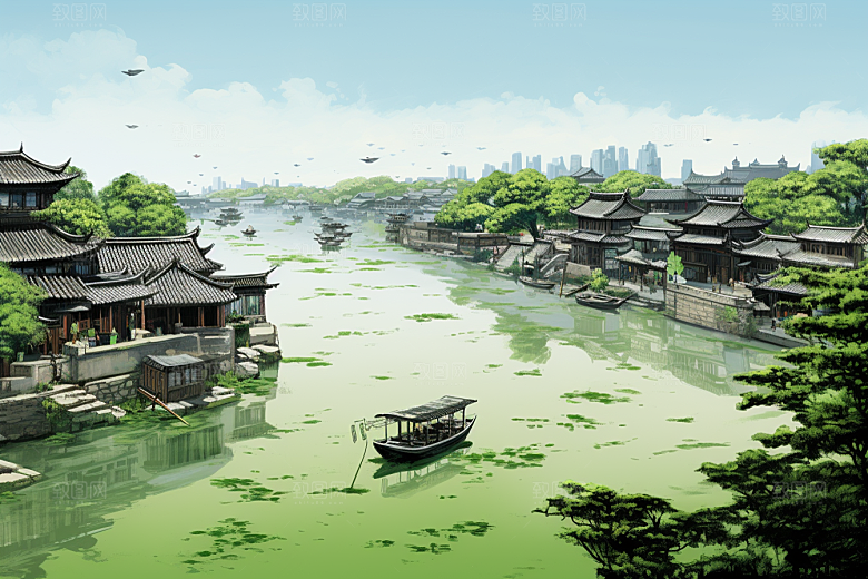 水墨江南粉墙黛瓦小镇插画