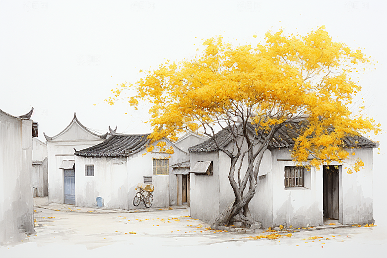 水墨江南水乡粉墙黛瓦插画