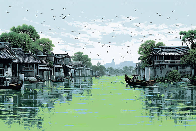 水墨江南水彩小桥流水插画