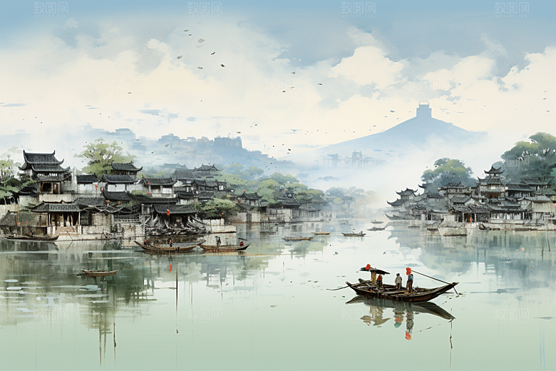 水墨江南小镇中式插画
