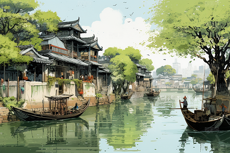 水墨江南中式小桥流水插画