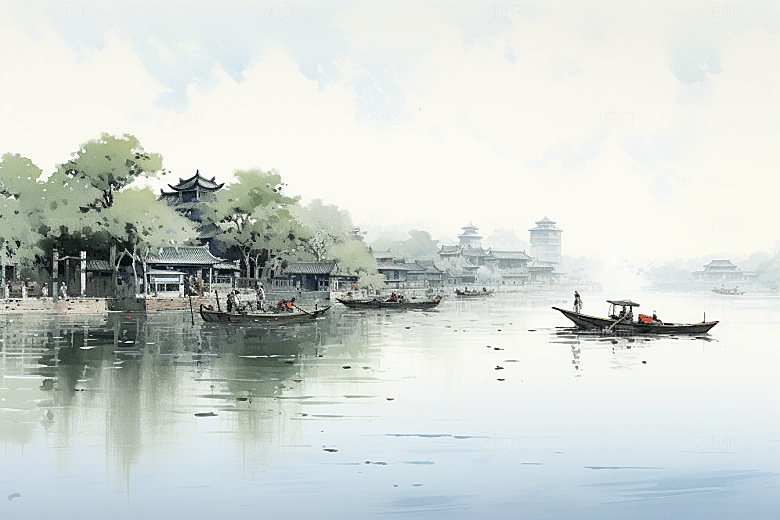 水墨江南中式晕染插画