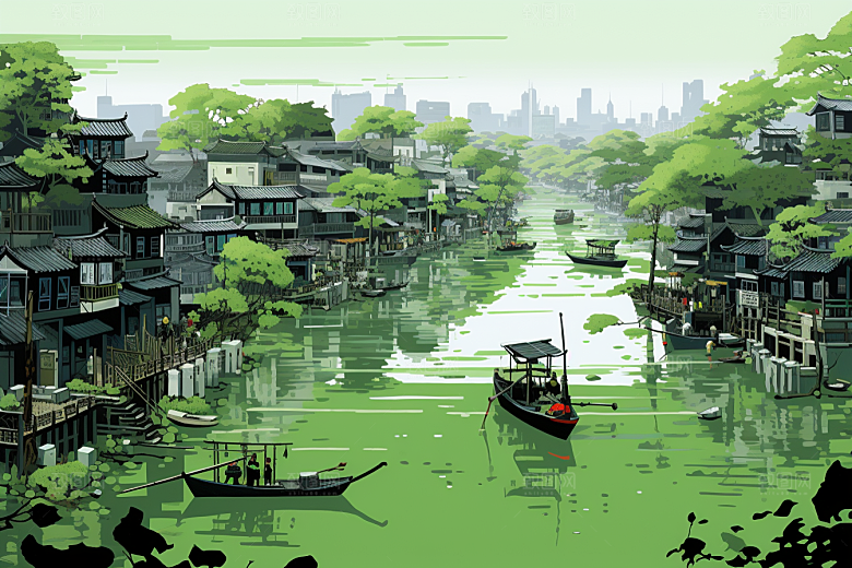 水墨江南中式小镇插画