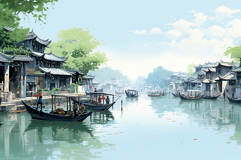 水墨江南水乡中国风插画