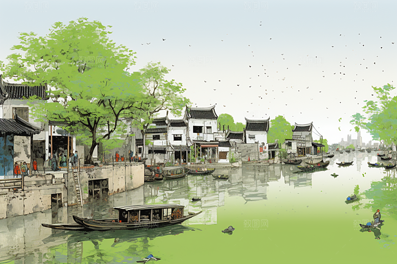 水墨江南手绘晕染插画