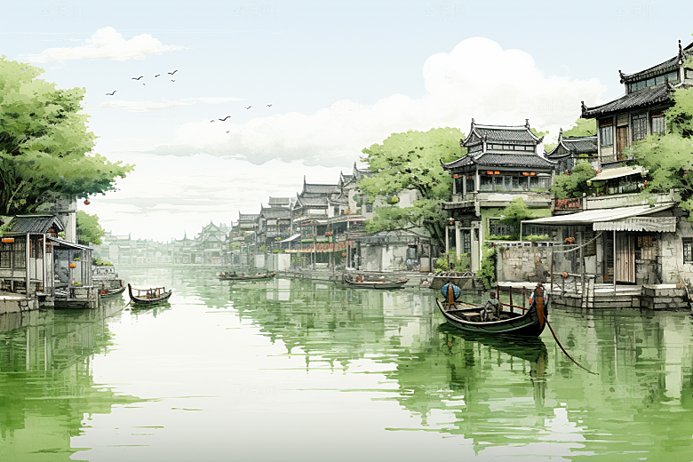 水墨江南小桥流水手绘插画