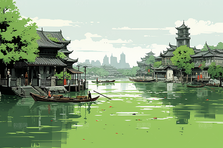 水墨江南小桥流水粉墙黛瓦插画