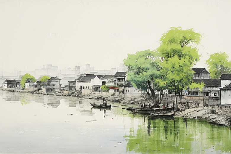 水墨江南小镇小桥流水插画