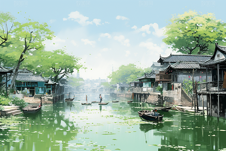 水墨江南手绘水乡插画