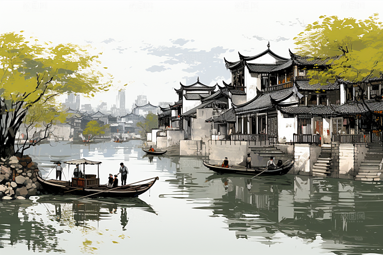 水墨江南水彩水乡插画