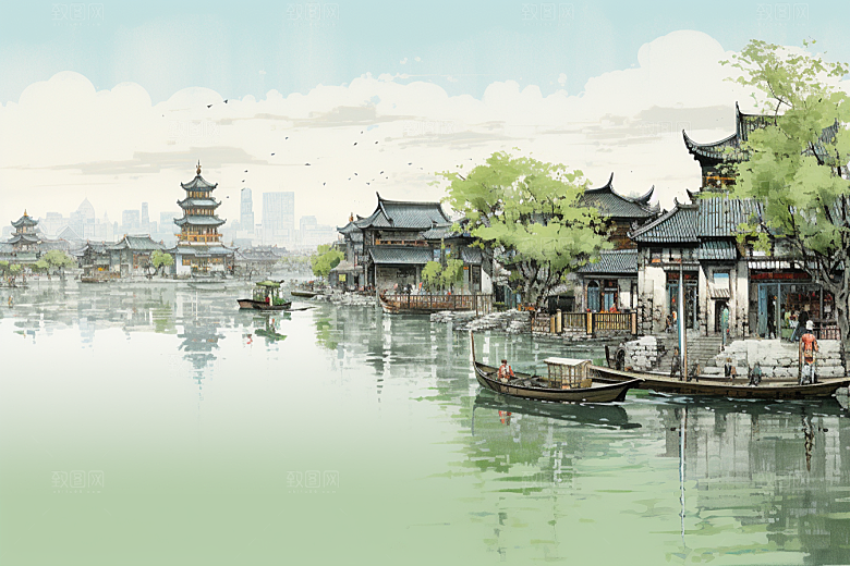 水墨江南中国风水乡插画