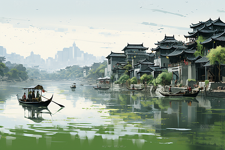 水墨江南水乡晕染插画