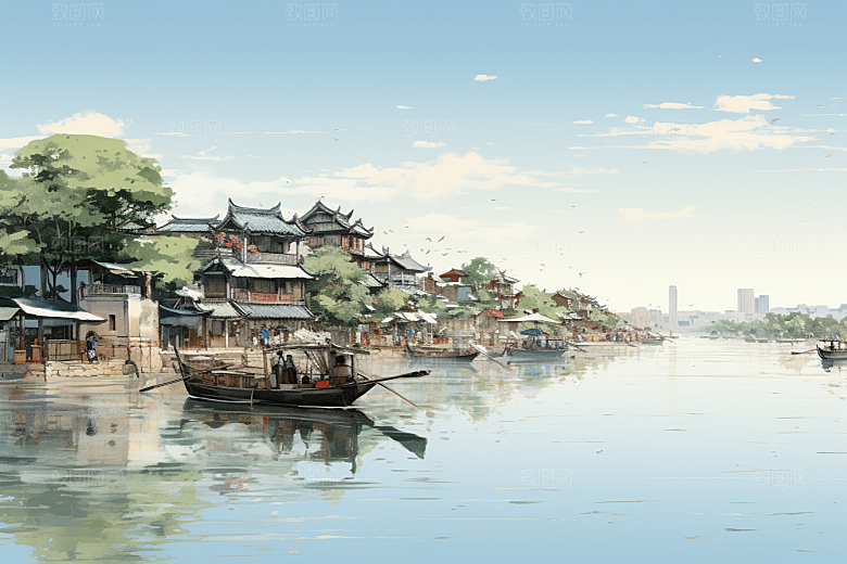 水墨江南小桥流水手绘插画