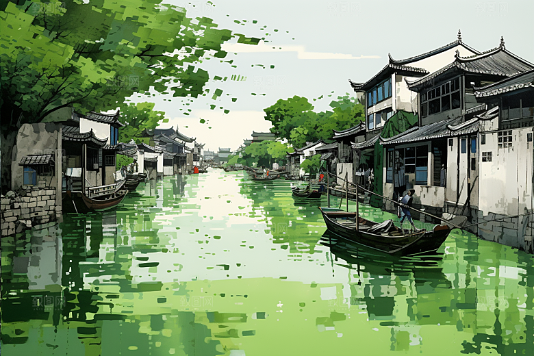 水墨江南中式小镇插画