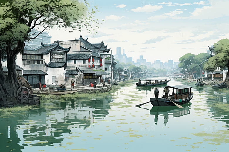 水墨江南小镇水彩插画