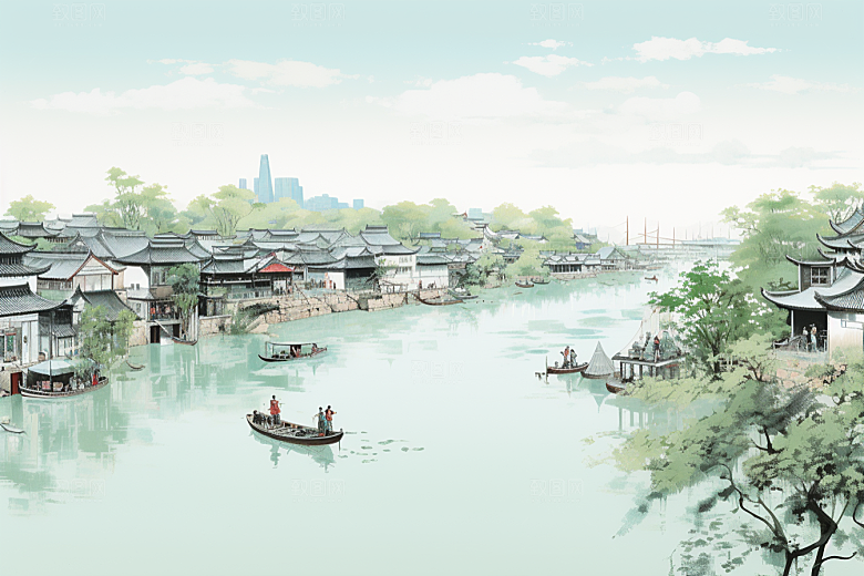 水墨江南小桥流水中国风插画