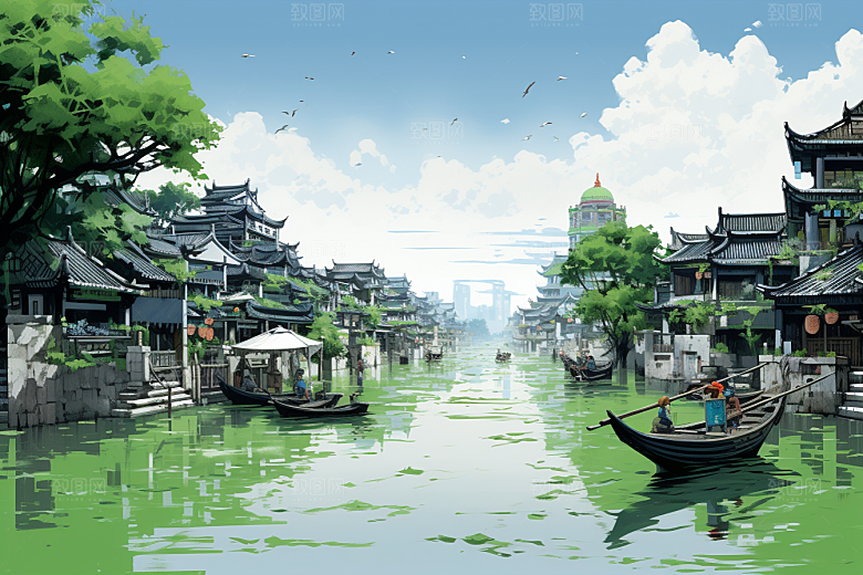 水墨江南水乡小镇插画
