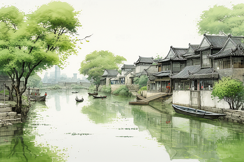水墨江南小镇中式插画