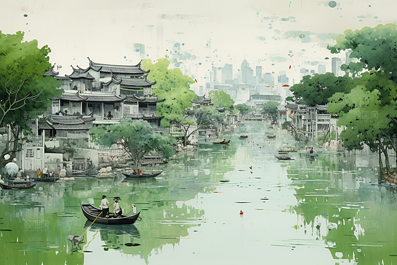 水墨江南小镇手绘插画