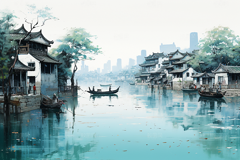 水墨江南粉墙黛瓦水彩插画