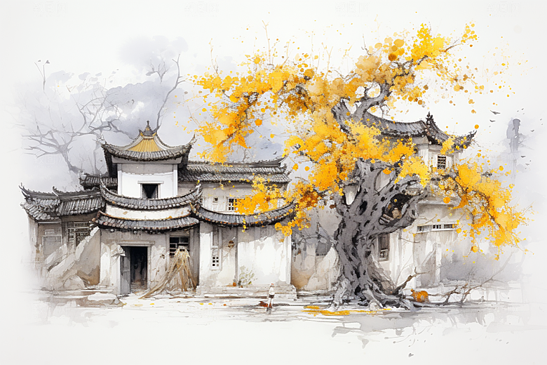 水墨江南水乡晕染插画